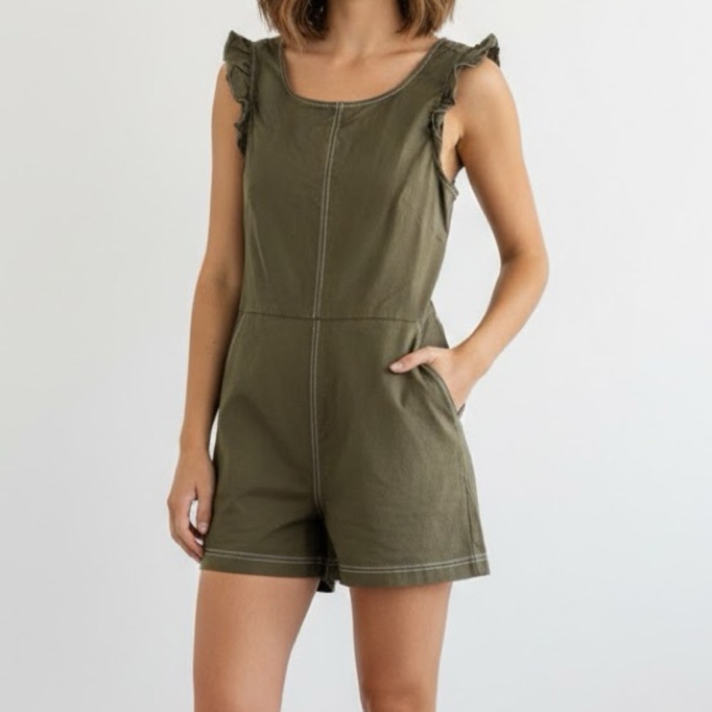 Madewell Green Top Stitched Ruffle Romper 4
